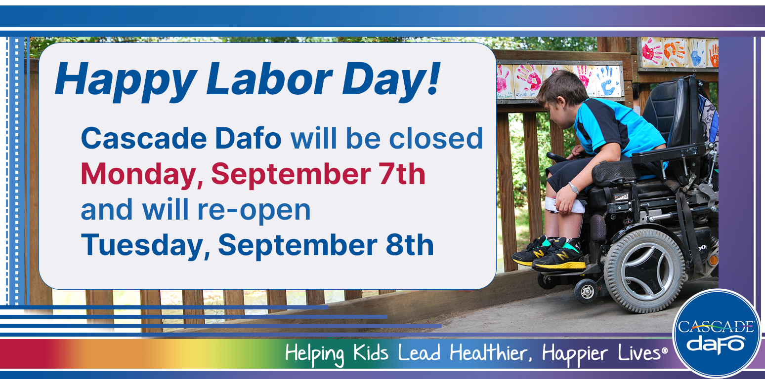Cascade will be closed Monday September 7 for Labor Day. Words are placed over a child in a wheelchair on a playground.