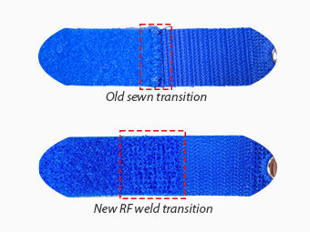 Pictured, an image comparing our old sewn transition (top) to our new weld (bottom)