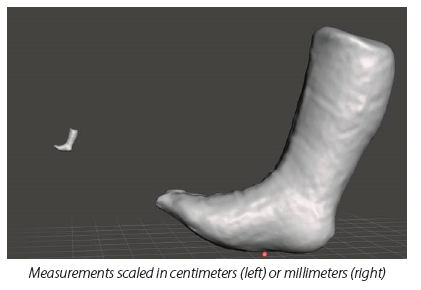 An example of a scaling issue showing the difference between a scan measured in centimeters (small) or millimeters (larger)