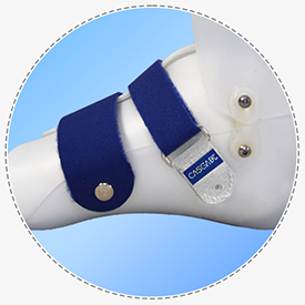 Pictured the Medial side of a DAFO showing off rounder straps near the rivet points.