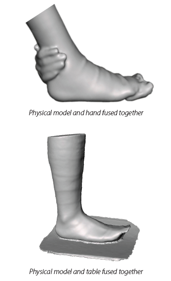 Examples of a physical model with a hand fused to the scan and a scan of a cast where the table surface is fused to the physical model.