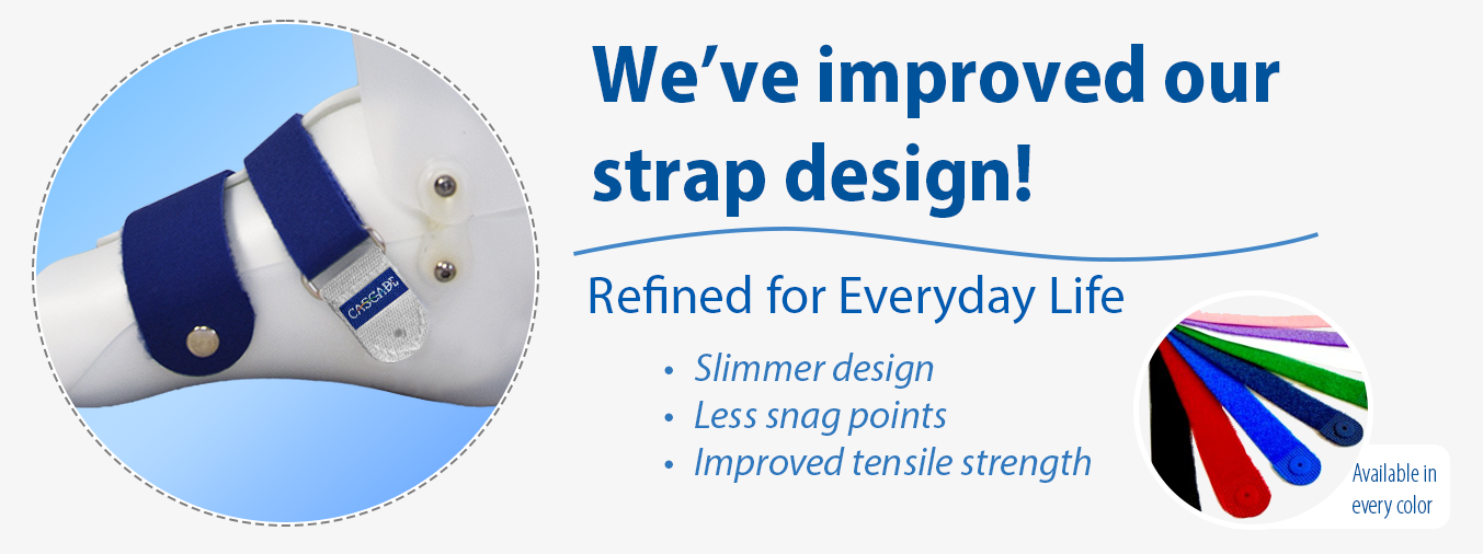 Image that announces a newly refined, rounded strap design available in every Cascade Dafo strap color.